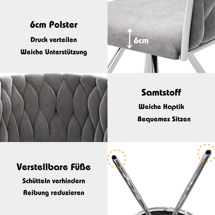 Merax Samt-Esszimmerstuhl, 2er set, Schlafzimmer-Drehstuhl, 360° drehbar Freizeit-Drehstuhl mit vier Stützbeinen aus Metall, Grau+Silber – Bild 5