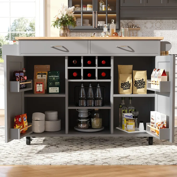 Grauer Küchenwagen mit klappbarem Arbeitsbereich, multifunktionale Kücheninsel, MDF-Tischplatte in Holzmaserung, Zinkgriffe, Weinablage, 360°-Lenkrollen, 92cmx102cmx45cm