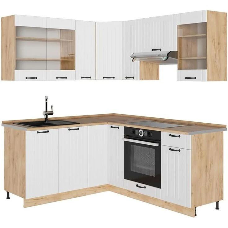 Eckküche Fame-Line Weiß Landhaus/Goldkraft Eiche 190 x 160 cm, AP Eiche Vicco – Bild 1