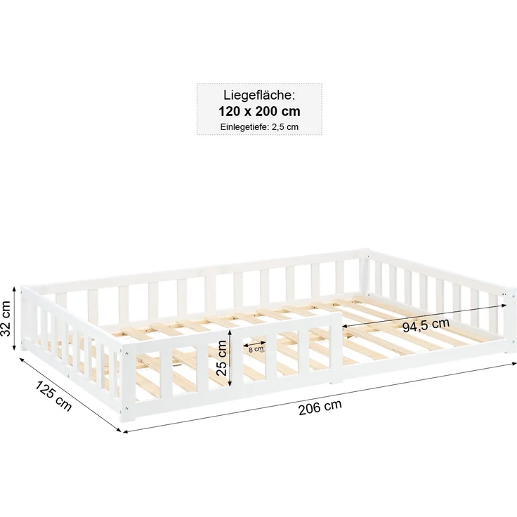 Kinderbett 120x200 Bodenbett mit Rausfallschutz Montessori Bett Kleinkindbett Holz Massiv Weiß Einzelbett Lattenrost Bettgestell – Bild 3
