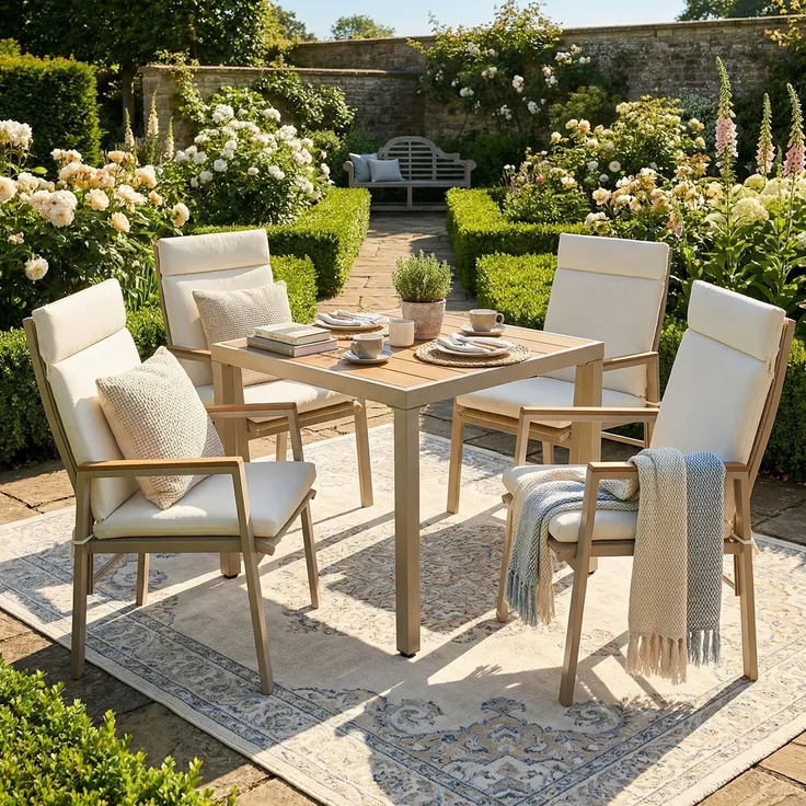 Garten-Essgruppe für 4 Personen mit Tisch und 4 Stühlen, verzinktem Eisen, Kunststoffholz-Tischplatte, Khaki + Beige