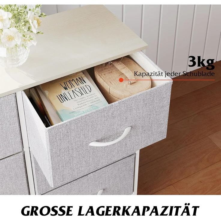 WLIVE Kommode mit 6 Schubladen aus Stoff, Kommodenschrank für Schlafzimmer, Kommode Wohnzimmer, mit Stabiler Stahlrahmen, Holzplatte, Hellgrau – Bild 6