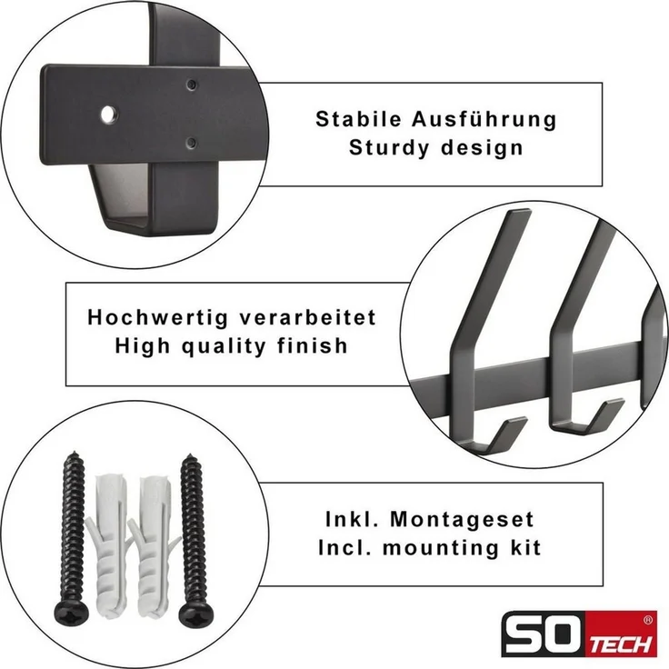 SO-TECH® Garderobenleiste Hakenleiste Blackline ALBA schwarz pulverbeschichteter Stahl (1 St), Breite 345 mm mit 4 Haken groß, inkl. Befestigungsset – Bild 3
