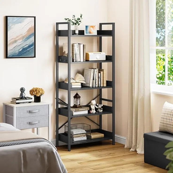 YITAHOME Bücherregal 5 Etagen, Offen Stehend Bücherregal, Hoch Schmal mit 4 Haken Industrielles Lagerregal für Wohnzimmer, Heimbüro, Schwarz – Bild 8