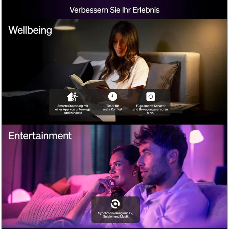 Philips Hue Essential Starter-Set: Bridge + 4 Essential E27 Smart Leuchtmittel, White und Color Ambiance, 2200-6500K, dimmbar, funktioniert mit Alexa, Google Assistant, Samsung SmartThings, Apple Home – Bild 7