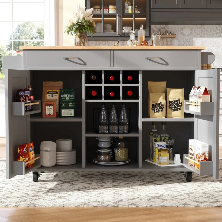 Kücheninsel Grau mit klappbarem Arbeitsbereich, multifunktionaler Esszimmerwagen, MDF-Tischplatte mit Holzmaserung, Zinkgriff,Weinregal und 360°Lenkrollen – Bild 3