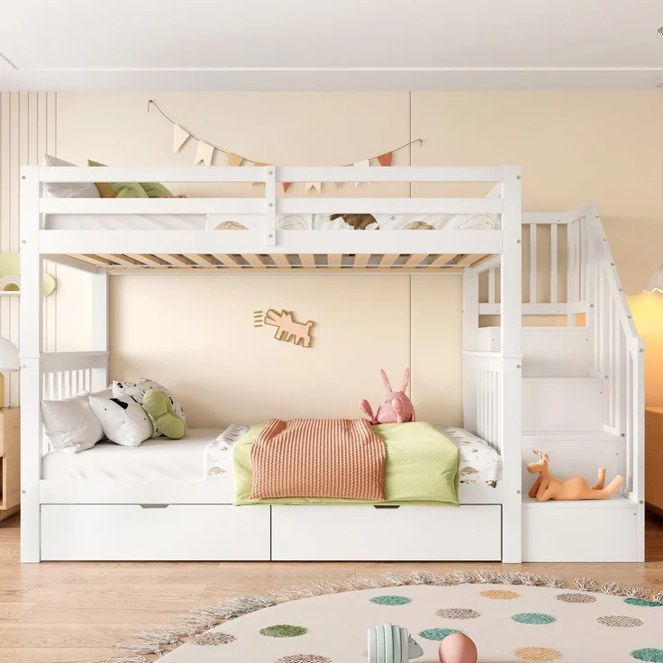 Etagenbett 90x200 cm mit Treppenregal, zwei Schubladen, hohes Sicherheitsgeländer mit Stauraum, Weiß – Bild 2