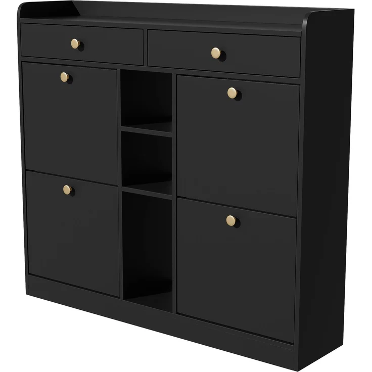 Schuhschrank, Spanplatte mit 4 Klapptüren & 2 Schubladen, 110x26x100 cm, Schwarz – Bild 7