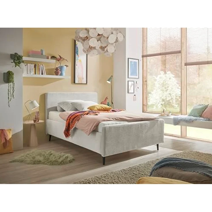 Stella Trading Peach Polsterbett Bettgestell 120x200, Ivory - Modernes Einzelbett in Cord-Optik mit Holzfüßen - 129 x 108 x 215 cm (B/H/T) – Bild 2