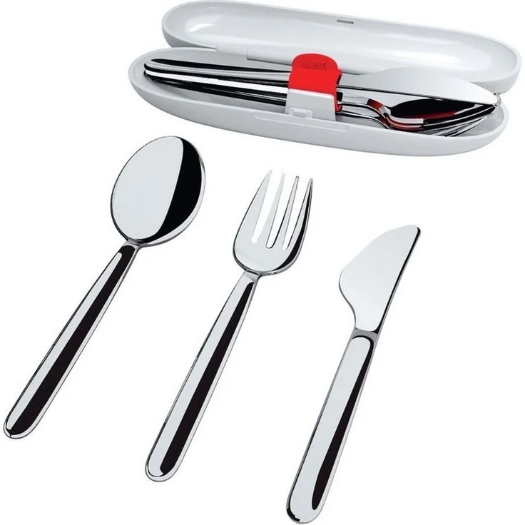 Alessi Besteck-Set Reisebesteck Set, Edelstahl 18/10 poliert, Etui thermoplastisches Harz, Je 1 Löffel, Messer, Gabel 15.5 cm lang – Bild 3
