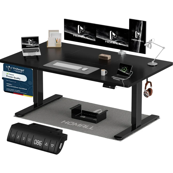 Homall Höhenverstellbarer Schreibtisch 140x70 cm mit USB-A Ladeanschluss, Elektrischer Schreibtisch mit Kabel Management Tray, Standing Desk mit 3 Memory Funktion, Computertisch Schwarz