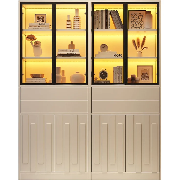 Zweierpackungen Vitrine Display Schrank 140×34×180cm aus Spanplatte, Bücherschrank mit 2 Glastüren, 2 Schublade, LED‑Beleuchtung,hohe Schränke, Weinschränke, vitrinen schrank für Wohnzimmer,Weiß--Weiß--140x34x180cm--YOUDENOVA – Bild 6
