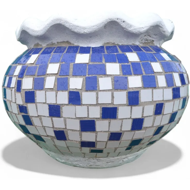 Pflanzgefäß Dahlie– Quadratischen Mosaikdesign Blau – Höhe 32 cm – Ø 35 cm – Handgefertigt aus Beton & Keramik-Mosaik