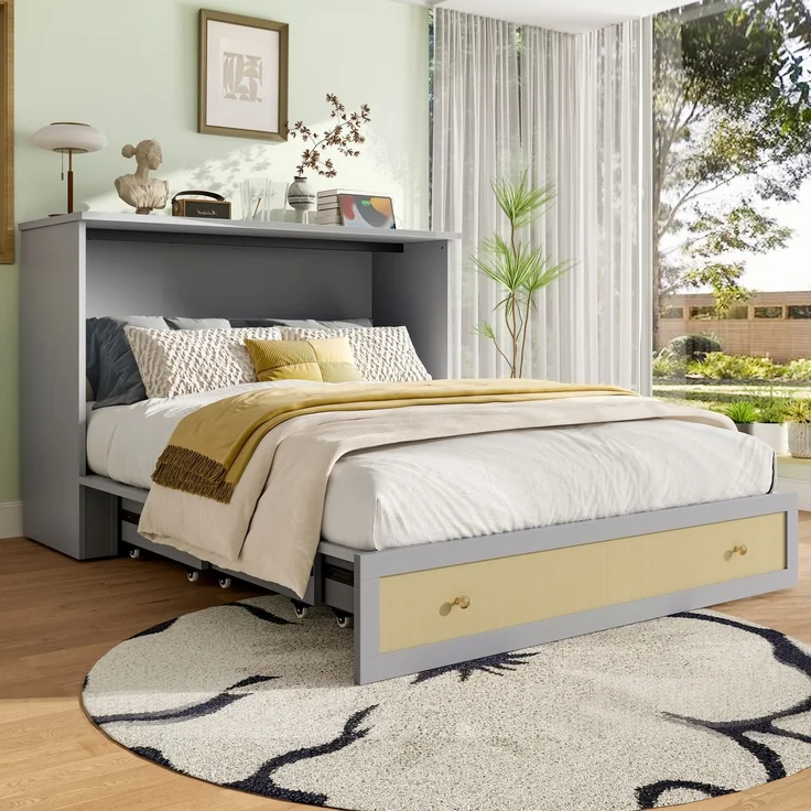 Schrankbett, 140 x 200, Mobiles Schrankbett mit Schubladen am Bettende und Regal am Kopfende des Bettes, mit USB und Steckdose, Umbaubares Plattformbett, Ohne Matratze, Grau – Bild 7