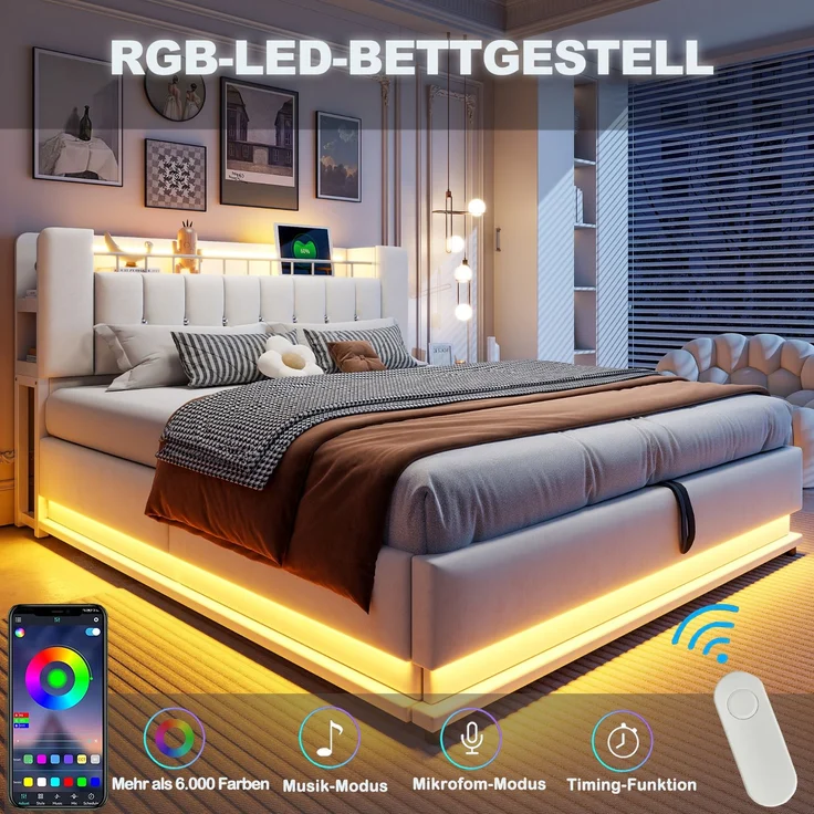 EINHOM Smartes Polsterbett 180 x 200 cm, Gepolstert, mit LED-Beleuchtung, USB- und Hydraulischem Stauraum, Weichem Samtbezug und Metallrahmen, Beige, (Ohne Matratze) – Bild 6
