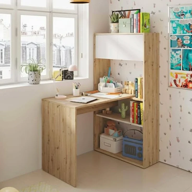 Dmora - Riverside-Schreibtisch, multifunktionaler umkehrbarer Eckschreibtisch mit Bücherregal, Arbeits- oder Bürotisch mit mehreren Positionen, 108 x 70 x 140 cm, weiße und geknotete Eiche – Bild 2