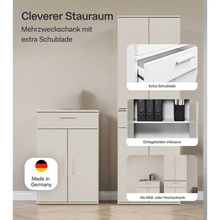 mokebo Mehrzweckschrank Der Praktische Büroschrank mit Schublade (60x90 cm, mit Schublade) Made in Germany, Büroschrank, Apothekerschrank in Beige Kaschmir – Bild 2