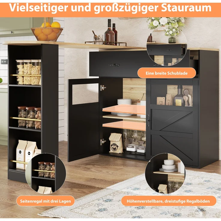 Ausziehbarer Bartisch Schwarz mit 360° Drehfunktion, MDF Tischplatte geprägt, Acryl-Türen, Aluminium-Griffe, Stauraum, 104cmx138-204cmx39cm – Bild 5