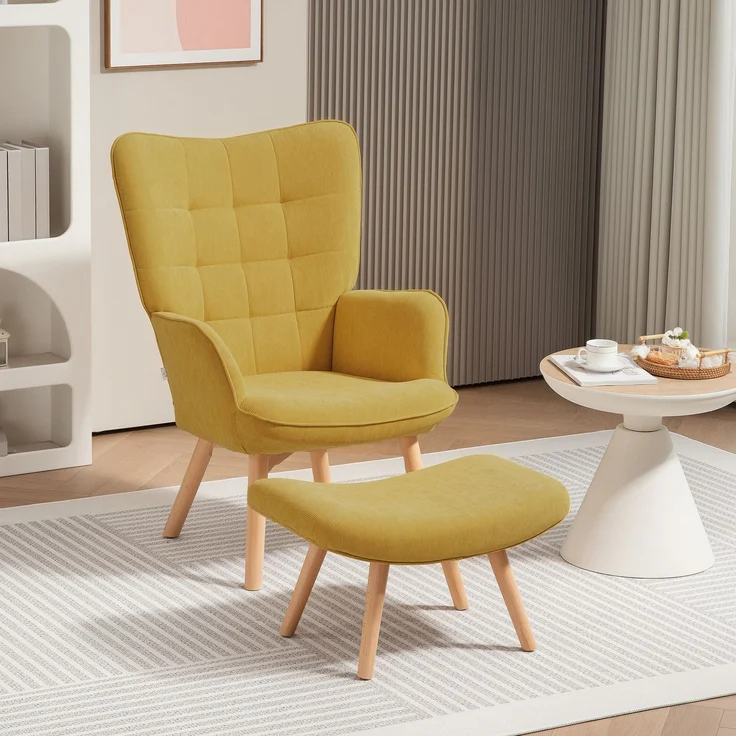 Akzentsessel mit Hocker, Relaxsessel in Cord-Optik, Armlehnstuhl mit Holzbeinen, für Wohnzimmer, Orange--Orange--72x80x101cm--YOUDENOVA – Bild 4