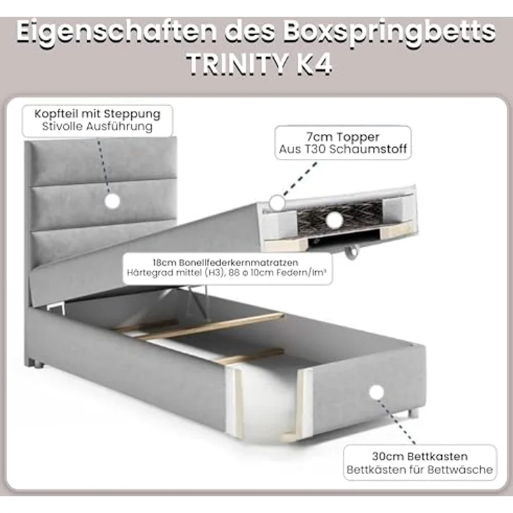 Best For Home Box Spring Bed with 7-Zone Bonell Spring Mattress, Box Spring Bed with Mattress and Storage Space – Bild 6