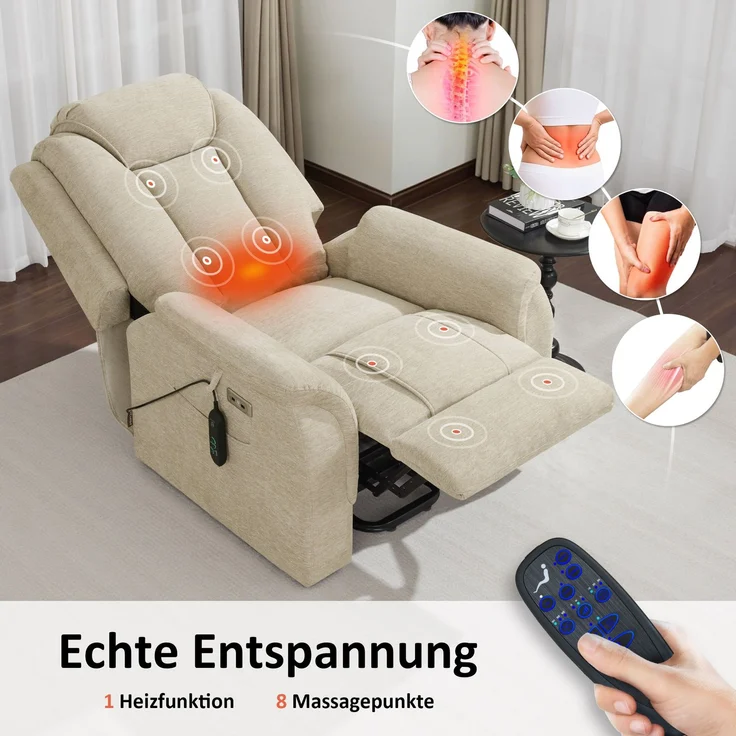 M MCombo Fernsehsessel mit Aufstehhilfe Elektrisch, 2 Rollen für Mobilität, Massage & Heizung, Verstellbare Kopfstütze, Sessel mit Aufstehhilfe 35D Vollschaum-Sitzkissen 7269 (Stoff, Beige) – Bild 6