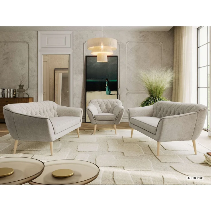 Wohnzimmerset, Möbelset PIRS 3-3-1, Armlehnen, Wellenfederung, Buche Füße, Dreisitzer Sofas mit Sessel, Polstermöbel Set - Greige Stukture – Bild 4