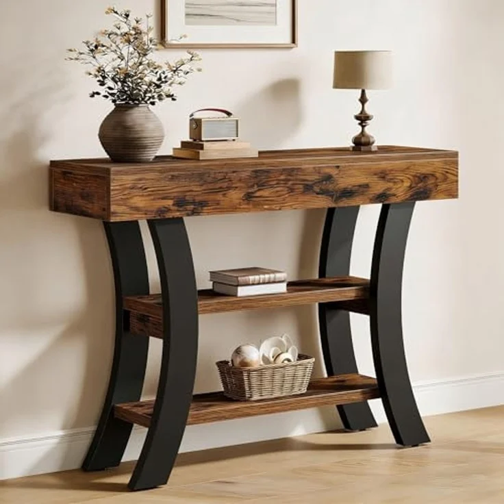 LITTLE TREE Konsolentisch, Eingangstisch mit 3 Ablagen, 105 x 30 x 80cm, Flurtisch Sofatisch hinter Couchtisch, Schmale Holzakzenttische mit Metallrahmen für Flur, Eingang, Foyer, Braun und Schwarz – Bild 1