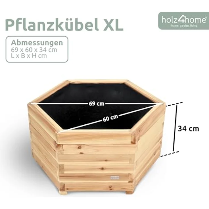 holz4home® Pflanzkübel 6-eckig aus Tannenholz I Outdoor Blumenkübel für Garten Balkon, inkl. Gartenhandschuhe & Vlies – Bild 7