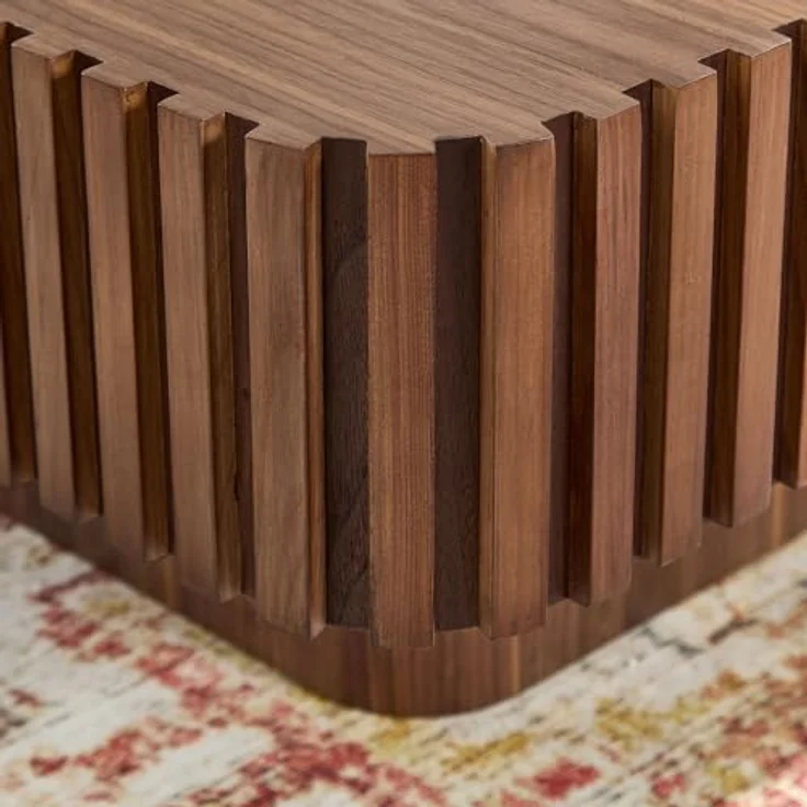 Square Fluted Coffee Table, Modern Ribbed Center Table with Solid Wood Stripe Accent, MDF with Wood Veneer Construction, Contemporary Accent Table for Living Room, Bedroom, and Office (Walnut Color) – Bild 9