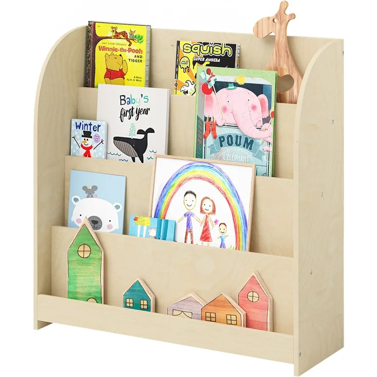 Bellabino 'Baru' Kinderbücherregal, Holz, natur unbehandelt, 88x30x80 cm, Montessori Kinderregal mit 4 Ablagefächern