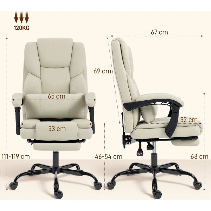 HOMCOM Bürostuhl, Kunstleder, Mehrschichtenplatte, Beige, 67 x 65 x 119 cm – Bild 3