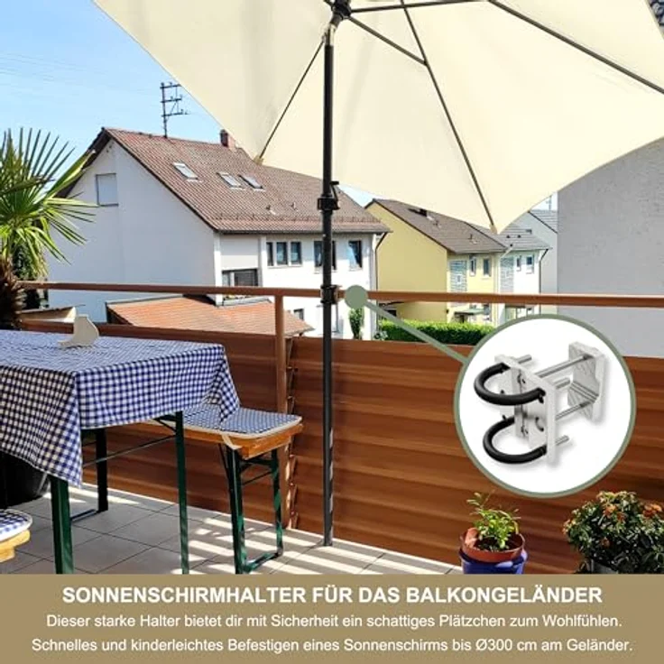 Sonnenschirmhalter aus Edelstahl für Balkongeländer rund und eckig Schirmhalterung bis Sonnenschirm 300 cm Schirmständer Balkon stabile Bügel Halterung sichere Befestigung am Geländer – Bild 3