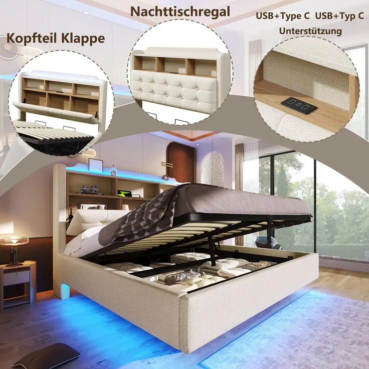 Polsterbett mit LED-Streifen und Stauraum, 140x200 cm, Kopfteil, USB/Type-C Anschlüsse, Doppelbett, Stauraumbett, Leinen – Bild 3