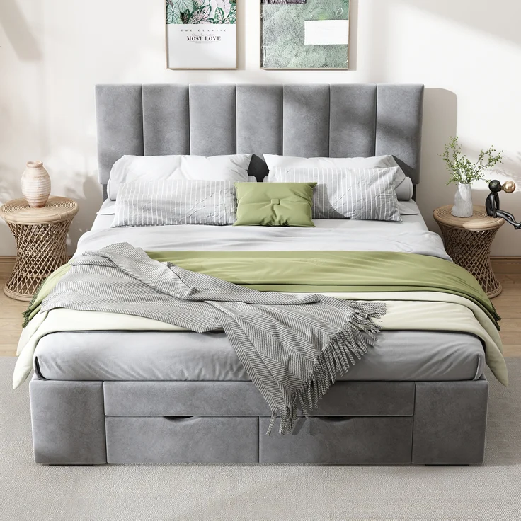 Stauraumbett Samt mit 4 Schubladen und höhenverstellbarem Kopfteil, 140x200 cm, grau, ohne Matratze – Bild 3