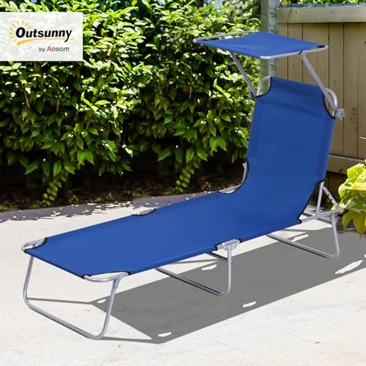 Outsunny Sonnenliege Gartenliege Wellnessliege Strandliege klappbar mit Sonnenschutz Blau 187 x 58 x 36 cm – Bild 3