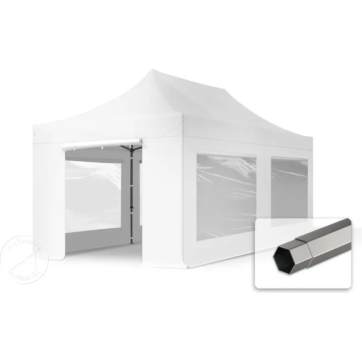3x6 m Faltpavillon, PREMIUM Stahl 40mm, Seitenteile mit Panoramafenstern, weiß