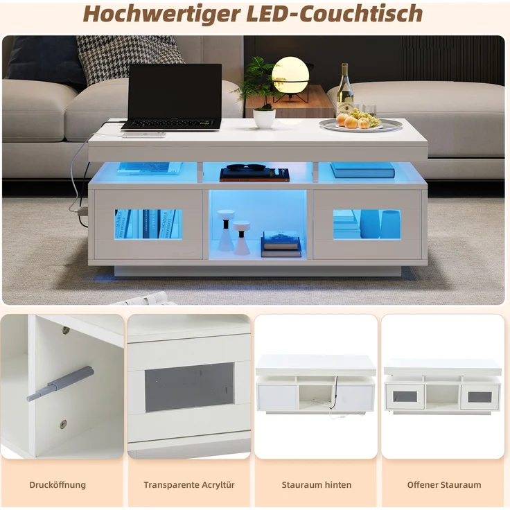 100×50×43cm weißer Hochglanz-Couchtisch, mit per mobiler App steuerbaren LED-Leuchten, Wohnzimmertisch mit Schrank, Sofatisch mit Ladeanschluss und steckdose , geeignet für Büro, Arbeitszimmer – Bild 6