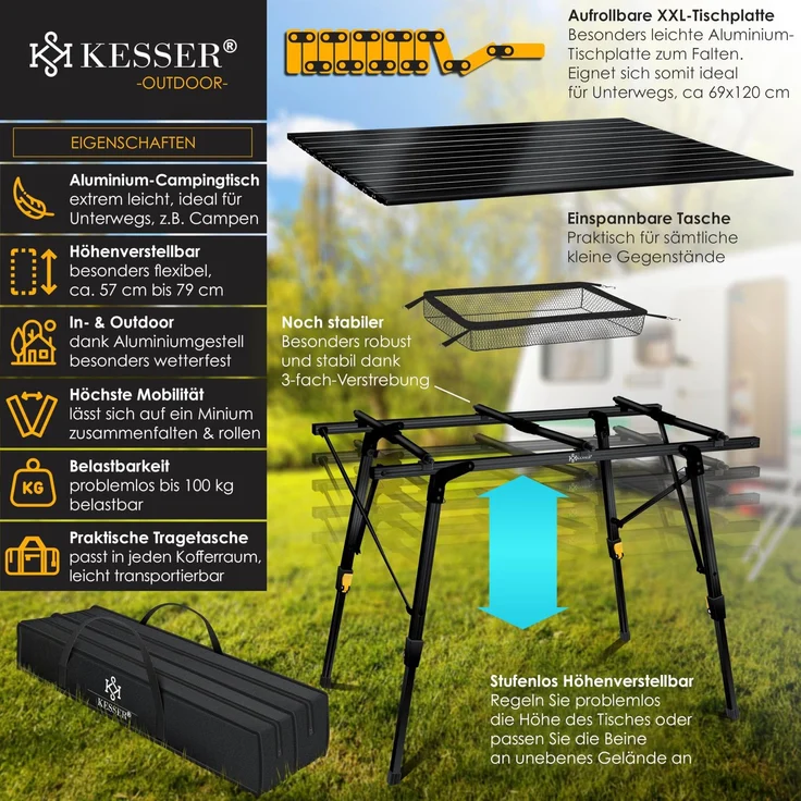 KESSER® Campingtisch faltbar Klapptisch mit Aluminiumrahmen Aufrollbare Tischplatte Falttisch klappbar höhenverstellbar inkl. Tragetasche mit Trageband & Netztasche Schwarz (120 x 70cm) – Bild 2