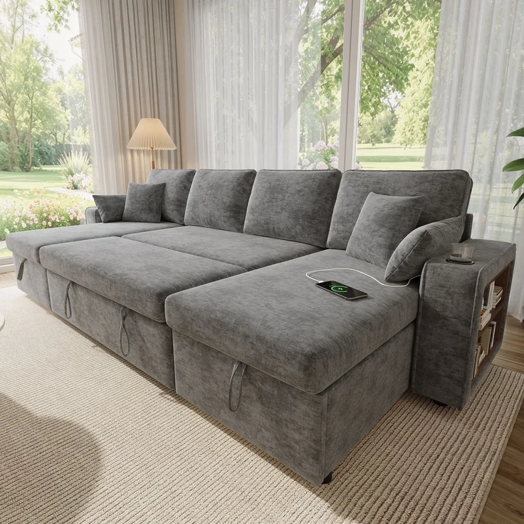 ZUBALIYA Schlafsofa, mit Stauraum, mit USB-C-Anschluss, mit Schlaffunktion, modular kombinierbar, mit Getränkehaltern, H 86 × T 270 × B 125 cm, Grau, Chenille – Bild 4