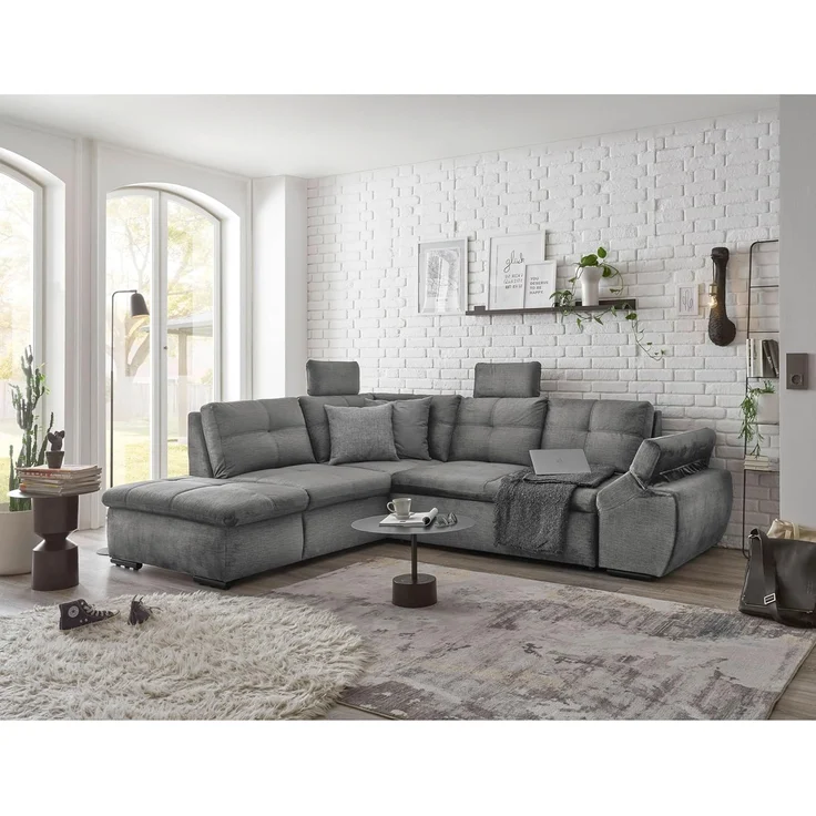 Stella Trading ALIJA Ecksofa mit Schlaffunktion in Grau - Moderne Eckcouch mit Bettkasten und verstellbaren Armlehnen - 265x84 (107) x 217 cm (B/H/T) – Bild 2