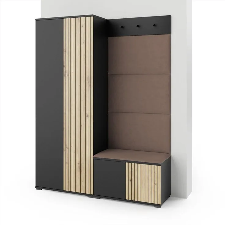 Garderoben-Set Rosario Version 1 mit Lamellen, Kleiderschrank mit Polsterplatten und Schuhschrank (Schwarz / Eiche Artisan, Trinity 06), 185 x 40 x 140 cm
