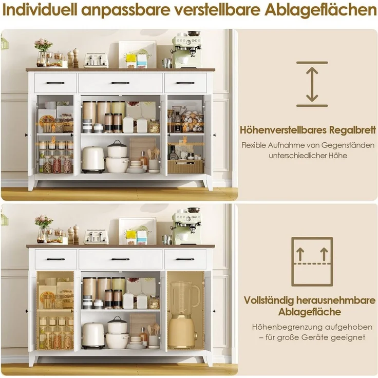 HOMECHO Sideboard 140 cm, Küchenschrank mit 3 Schubladen & 4 Türen, Höhenverstellbare – Bild 3