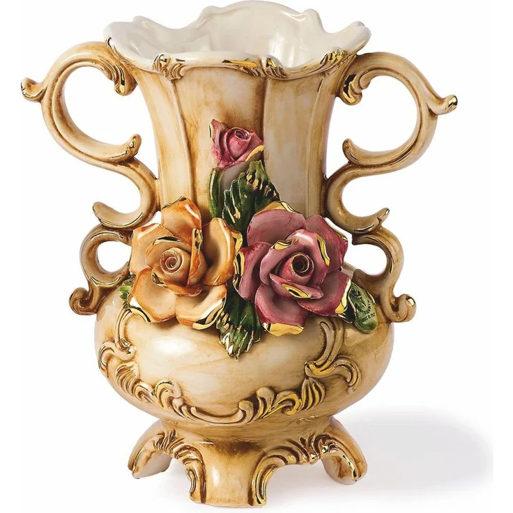 Casa Padrino Luxus Barock Keramik Vase Beige / Bunt / Gold H. 27 cm - Made in Italy