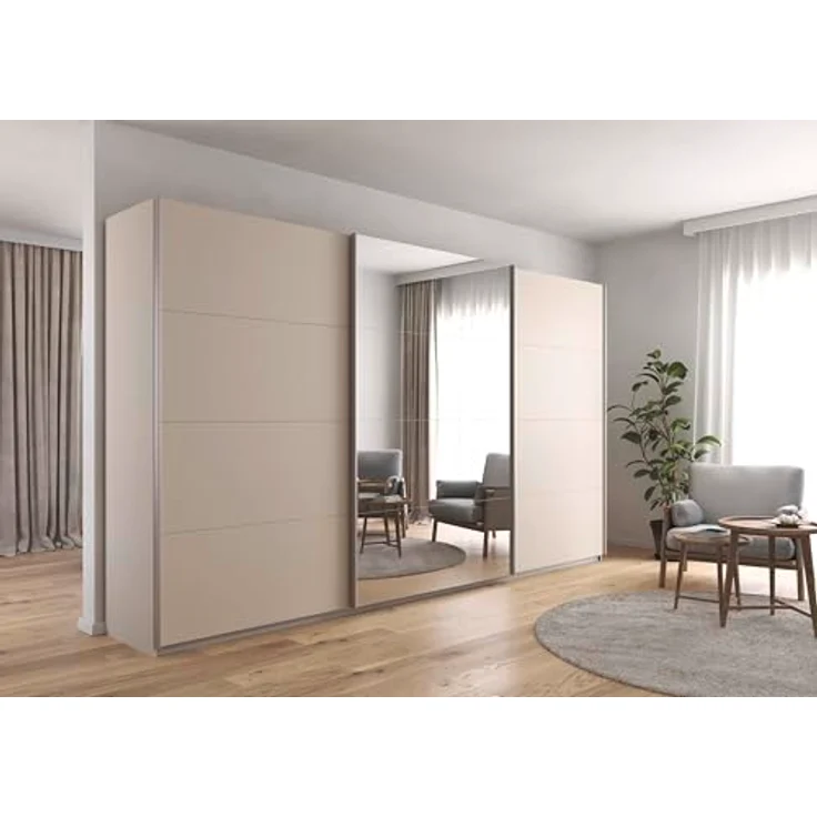 Rauch Möbel Kulmbach, Kleiderschrank mit Schwebetüren für Schlafzimmer, Kinderzimmer, Jugendzimmer, Garderobe, Flur, 3-türig, mit Spiegel, Zubehör Basic, Farbe Beige, Breite 360 cm – Bild 2