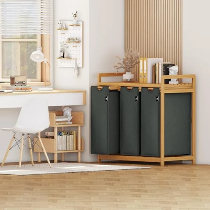 AdelDream Wäschekorb Wäschekörbe mit Bambusrahmen, 150 l, 3 Fächer – Bild 8