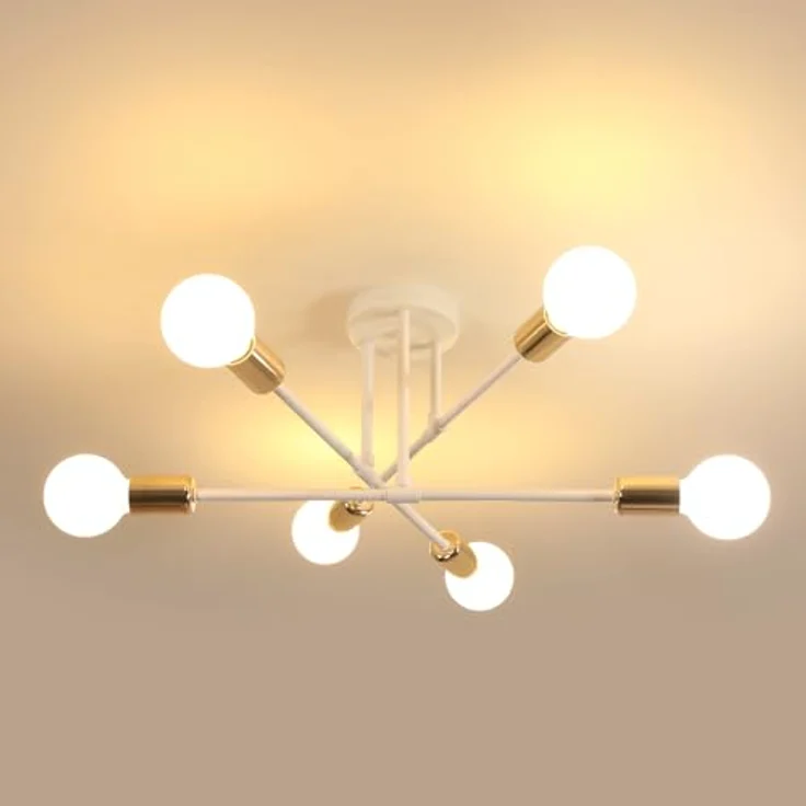 Deckenleuchte Vintage, 6 Flammig E27 60 cm Deckenlampe Sputnik Kronleuchter Modern für Wohnzimmer Esszimmer Küche Flur, Weiß & Gold Max. 60 W (Ohne Glühbirnen) – Bild 2
