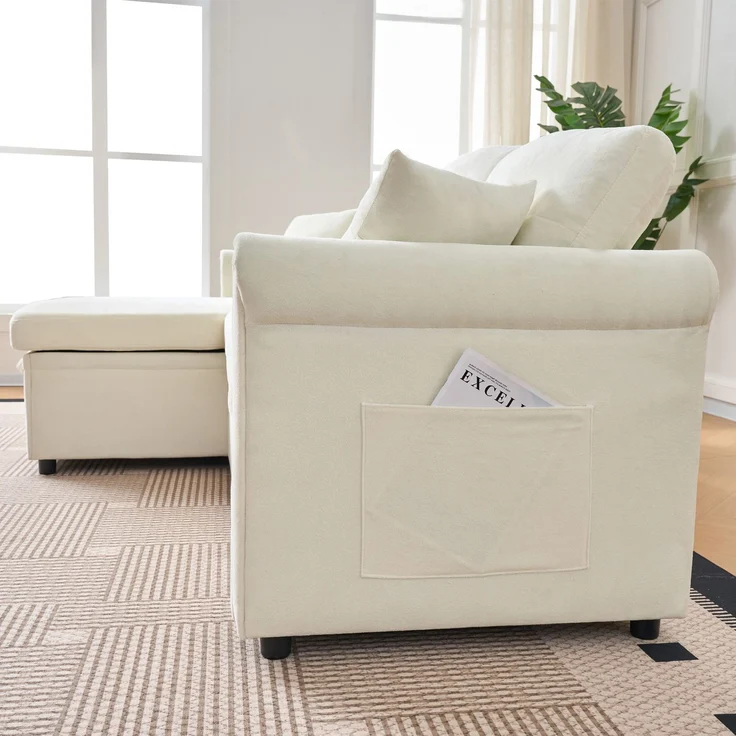 Ecksofa Schlafsofa, mit Bettkasten Schlaffunktion Stauraum beidseitig montierbar L-Form für Wohnzimmer oder Gästezimmer, Samt, Beige, — – Bild 9