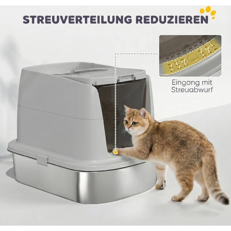 Katzentoilette Edelstahl, geschlossene Katzentoilette mit Schaufel, Geruchsbeutel, Einstieg Ausgang--Hellgrau--52.4x41.3x39.8cm--YOUDENOVA – Bild 6