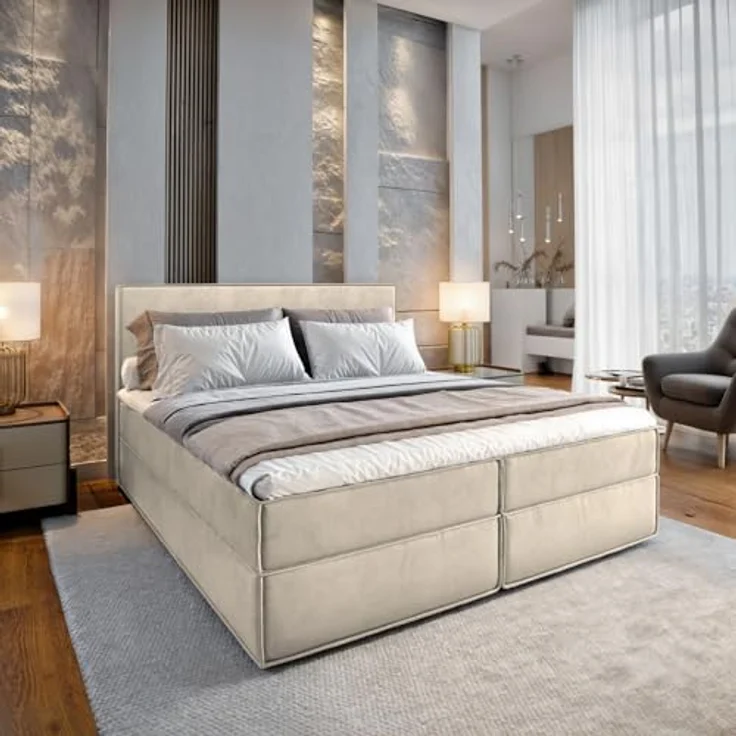 Masseno Boxspringbett PELLIO 180x200 cm, Komplett-Set mit Bonell Matratze, Topper und Bettkästen, cremefarben – Bild 3