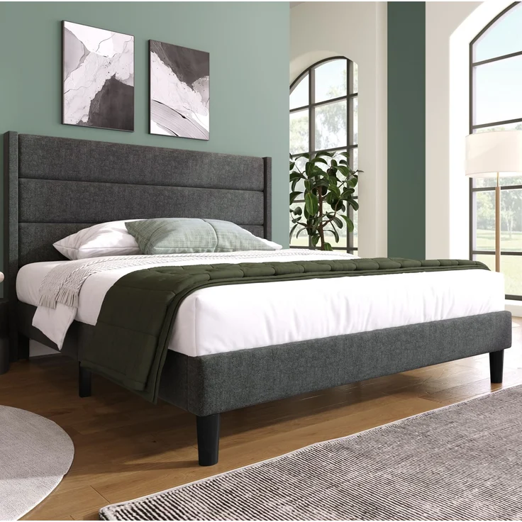 Polsterbett 140x200 cm mit Lattenrost und Matratze, dunkelgrau, gepolstertes Kopfteil – Bild 1
